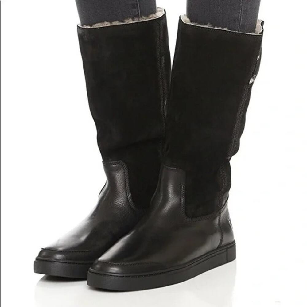 Frye Gemma Tall Shearling Boots Black Suede Leather Winter Flat Round Toe Size 6